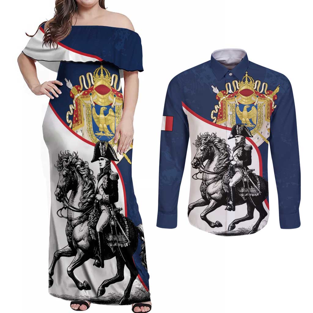 First French Empire 1804 – 1814 Couples Matching Off Shoulder Maxi Dress and Long Sleeve Button Shirt Liberte Ordre Public