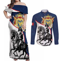First French Empire 1804 – 1814 Couples Matching Off Shoulder Maxi Dress and Long Sleeve Button Shirt Liberte Ordre Public