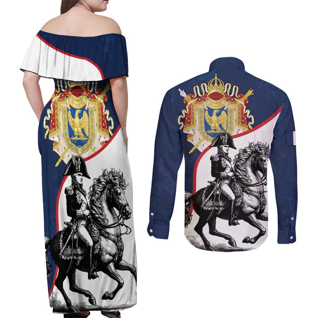 First French Empire 1804 – 1814 Couples Matching Off Shoulder Maxi Dress and Long Sleeve Button Shirt Liberte Ordre Public