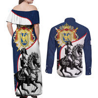 First French Empire 1804 – 1814 Couples Matching Off Shoulder Maxi Dress and Long Sleeve Button Shirt Liberte Ordre Public