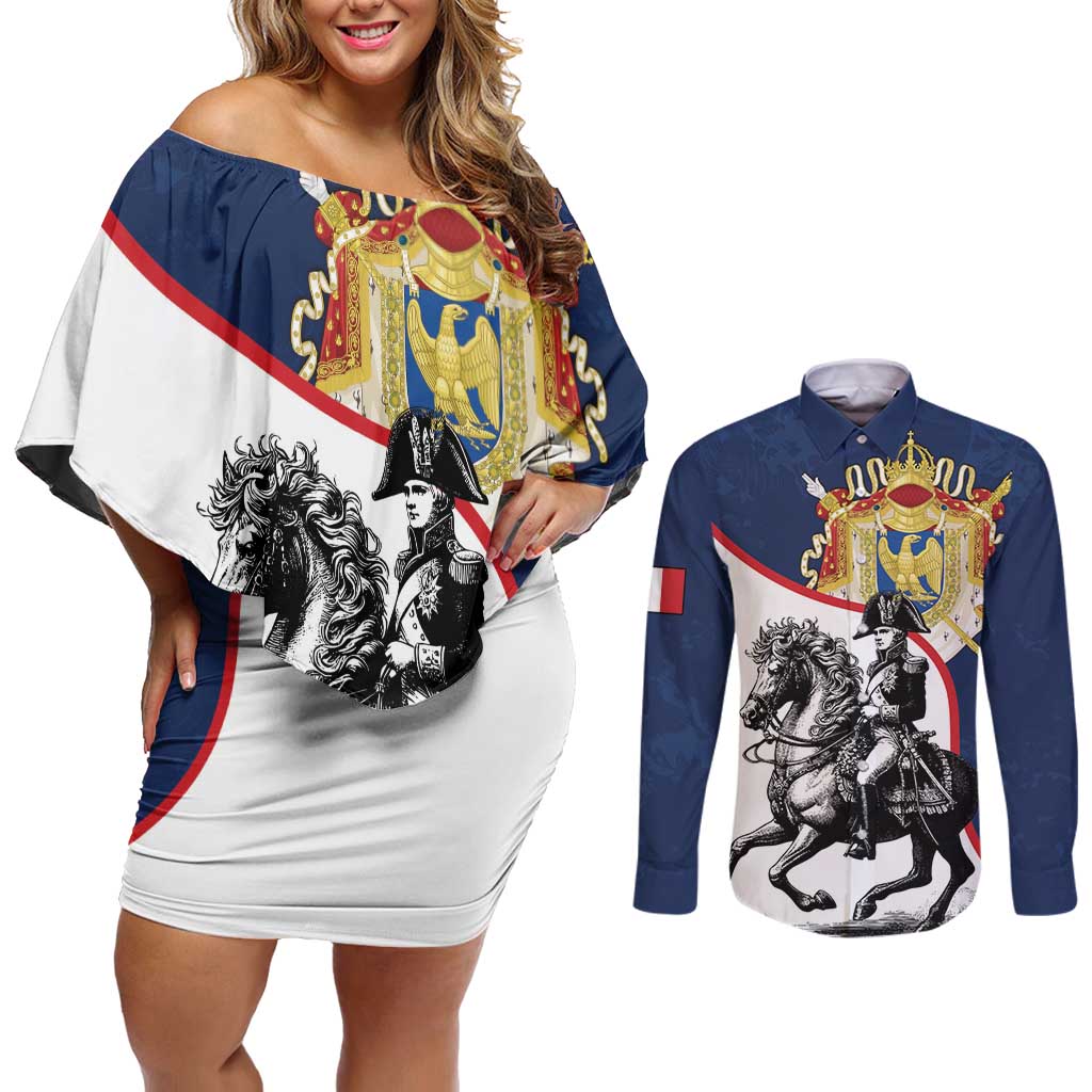 First French Empire 1804 – 1814 Couples Matching Off Shoulder Short Dress and Long Sleeve Button Shirt Liberte Ordre Public