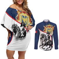 First French Empire 1804 – 1814 Couples Matching Off Shoulder Short Dress and Long Sleeve Button Shirt Liberte Ordre Public