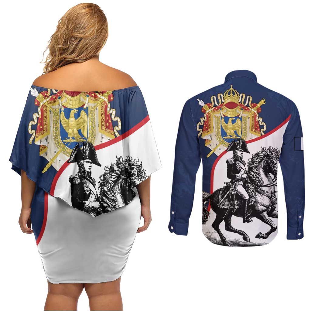 First French Empire 1804 – 1814 Couples Matching Off Shoulder Short Dress and Long Sleeve Button Shirt Liberte Ordre Public