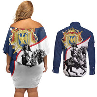 First French Empire 1804 – 1814 Couples Matching Off Shoulder Short Dress and Long Sleeve Button Shirt Liberte Ordre Public