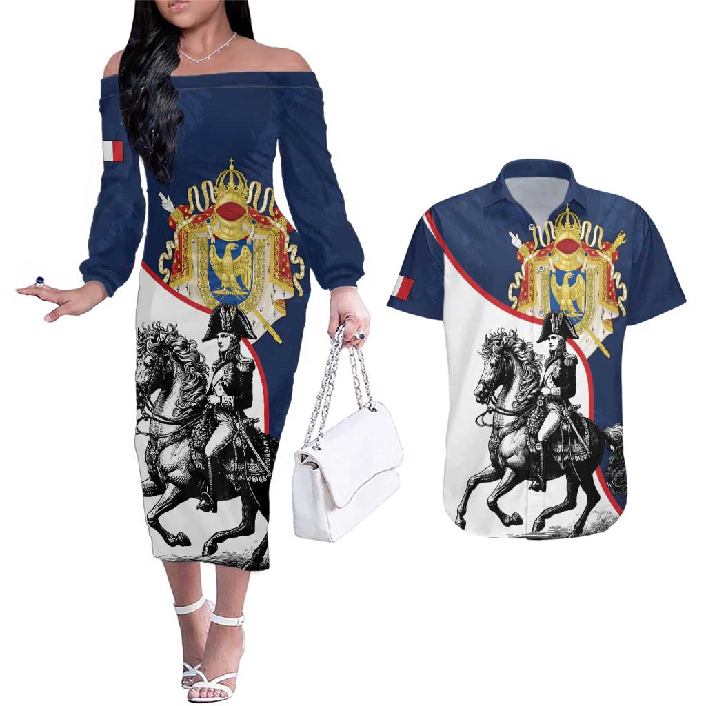 First French Empire 1804 – 1814 Couples Matching Off The Shoulder Long Sleeve Dress and Hawaiian Shirt Liberte Ordre Public