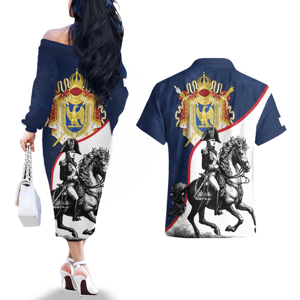 First French Empire 1804 – 1814 Couples Matching Off The Shoulder Long Sleeve Dress and Hawaiian Shirt Liberte Ordre Public