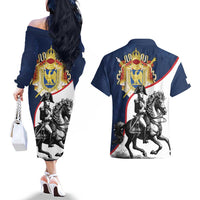 First French Empire 1804 – 1814 Couples Matching Off The Shoulder Long Sleeve Dress and Hawaiian Shirt Liberte Ordre Public
