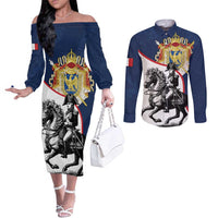 First French Empire 1804 – 1814 Couples Matching Off The Shoulder Long Sleeve Dress and Long Sleeve Button Shirt Liberte Ordre Public