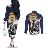 First French Empire 1804 – 1814 Couples Matching Off The Shoulder Long Sleeve Dress and Long Sleeve Button Shirt Liberte Ordre Public