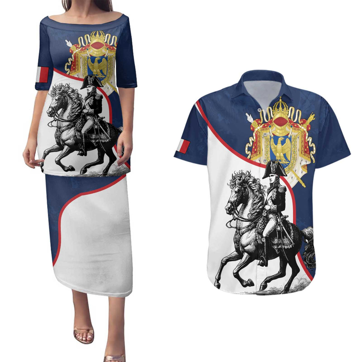 First French Empire 1804 – 1814 Couples Matching Puletasi and Hawaiian Shirt Liberte Ordre Public