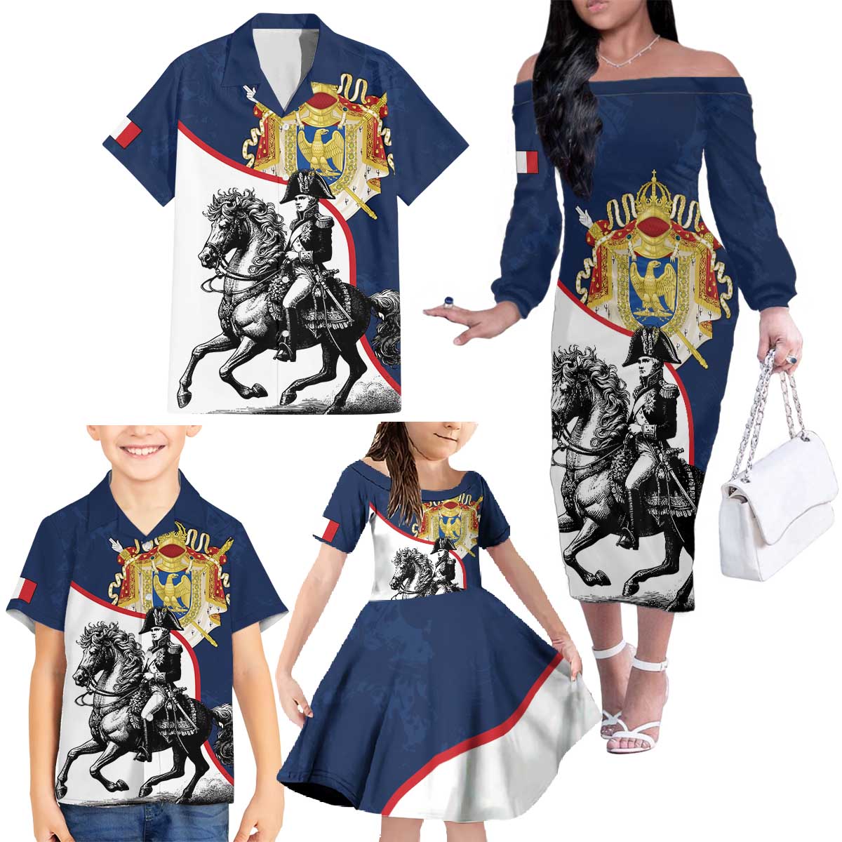 First French Empire 1804 – 1814 Family Matching Off The Shoulder Long Sleeve Dress and Hawaiian Shirt Liberte Ordre Public