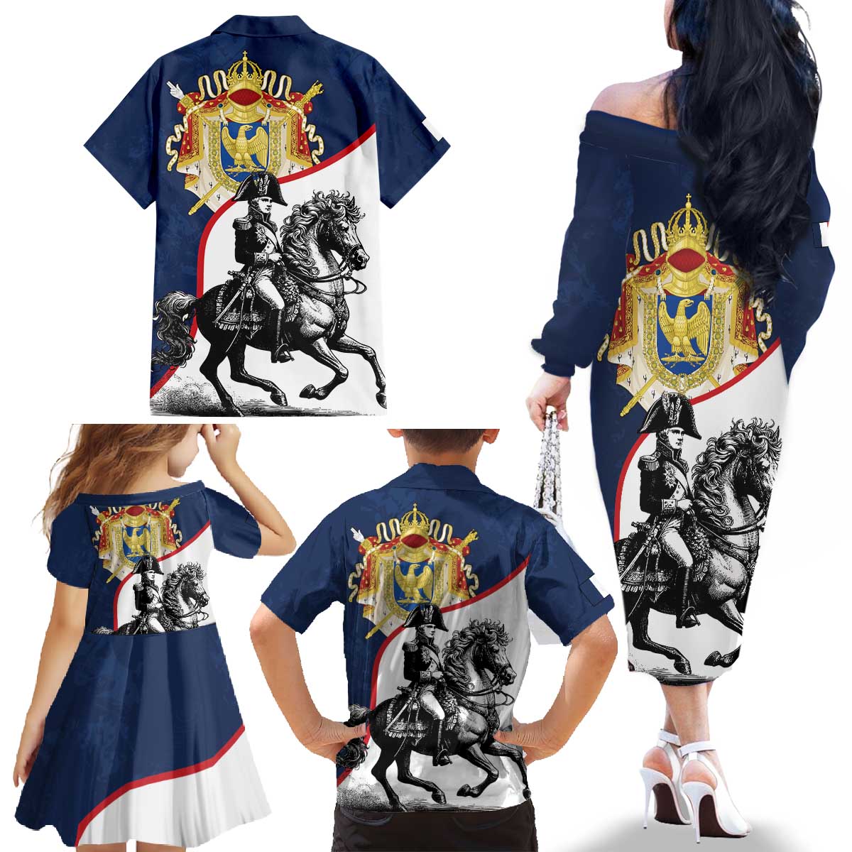 First French Empire 1804 – 1814 Family Matching Off The Shoulder Long Sleeve Dress and Hawaiian Shirt Liberte Ordre Public