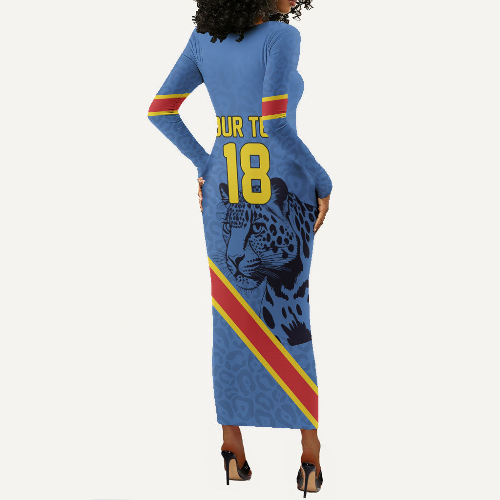 Custom DR Congo Football Long Sleeve Bodycon Dress Leopard Pride Heritage Edition
