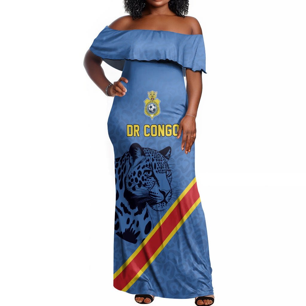 Custom DR Congo Football Off Shoulder Maxi Dress Leopard Pride Heritage Edition