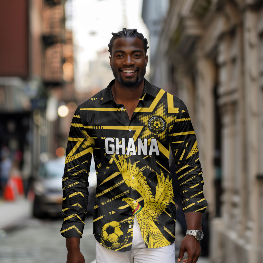 Custom Ghana Football Long Sleeve Button Shirt Golden Black Star Eagle Heritage