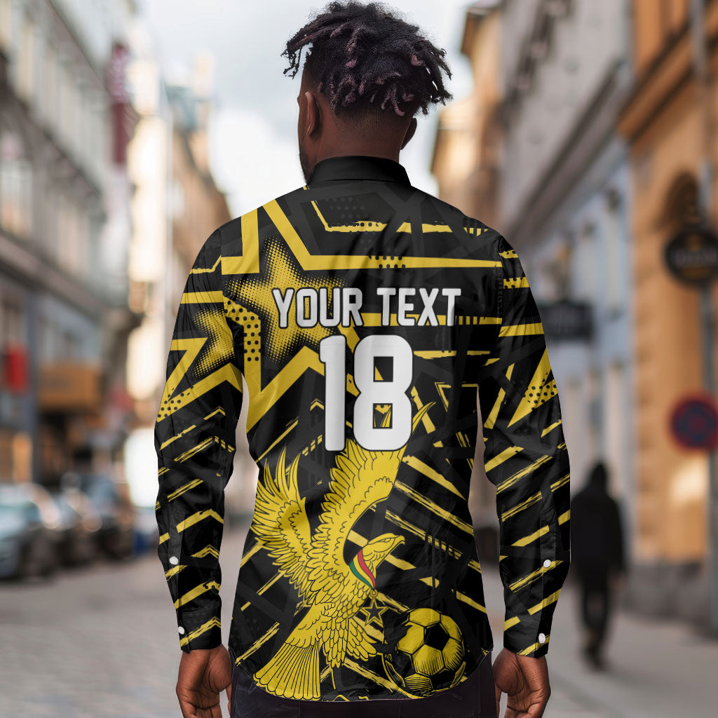 Custom Ghana Football Long Sleeve Button Shirt Golden Black Star Eagle Heritage