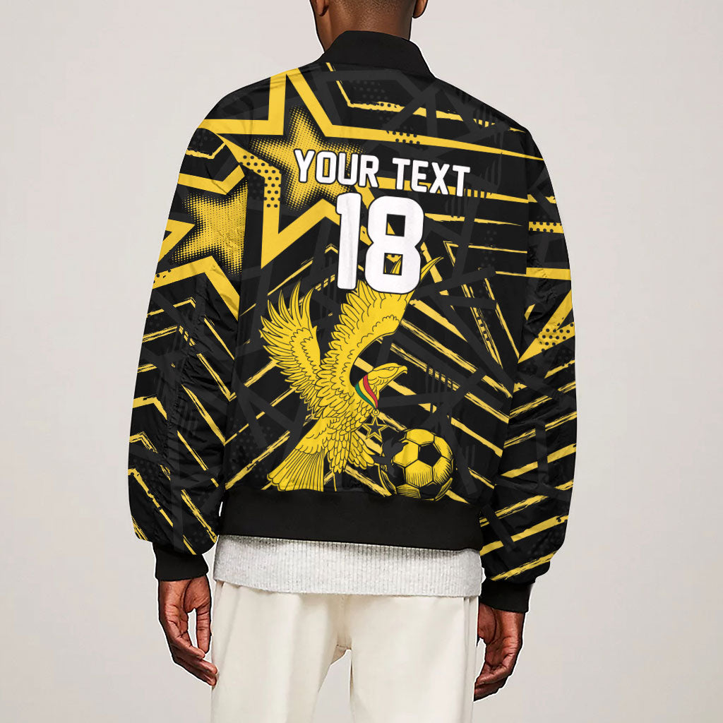 Custom Ghana Football Sleeve Zip Bomber Jacket Golden Black Star Eagle Heritage
