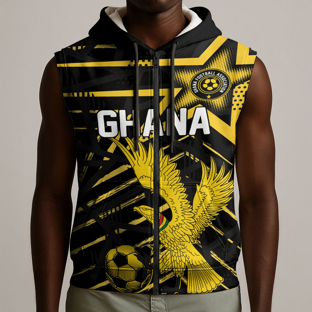Custom Ghana Football Sleeveless Zip Hoodie Golden Black Star Eagle Heritage