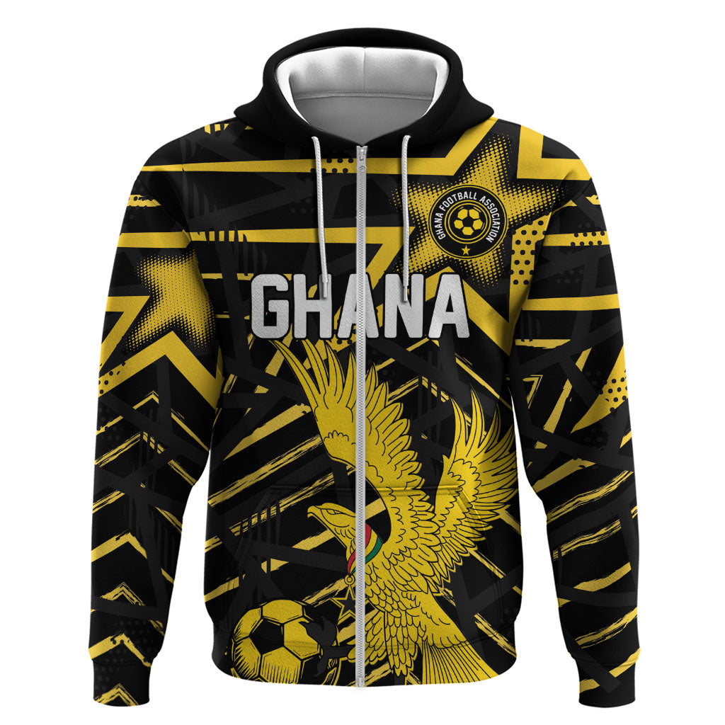 Custom Ghana Football Zip Hoodie Golden Black Star Eagle Heritage
