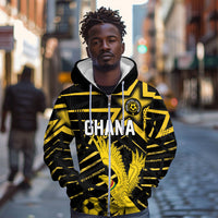 Custom Ghana Football Zip Hoodie Golden Black Star Eagle Heritage