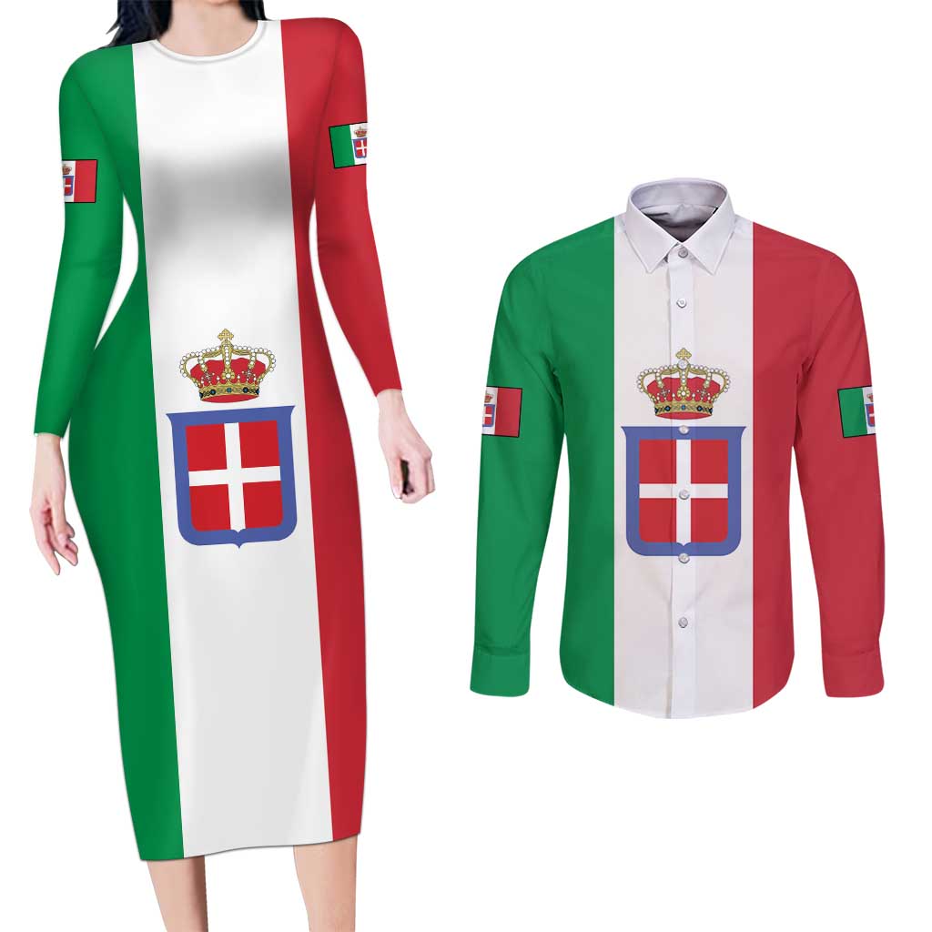 Personalized Italian Empire 1882-1960 Couples Matching Long Sleeve Bodycon Dress and Long Sleeve Button Shirt Flag Color Inspiration - Wonder Print Shop