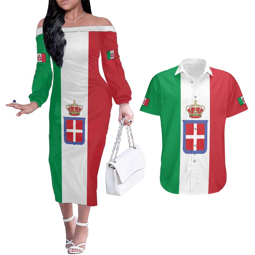 Personalized Italian Empire 1882-1960 Couples Matching Off The Shoulder Long Sleeve Dress and Hawaiian Shirt Flag Color Inspiration - Wonder Print Shop