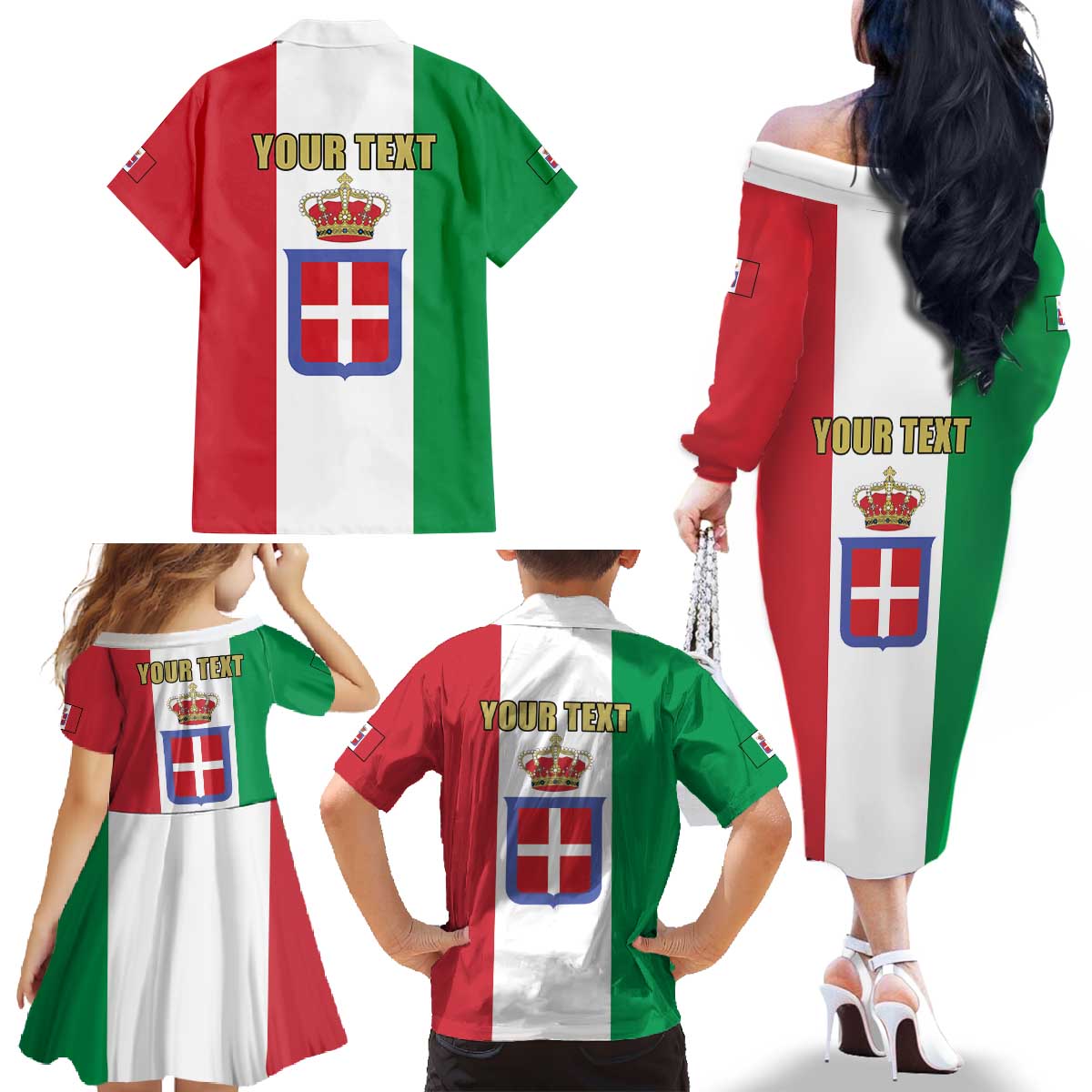 Personalized Italian Empire 1882-1960 Family Matching Off The Shoulder Long Sleeve Dress and Hawaiian Shirt Flag Color Inspiration - Wonder Print Shop