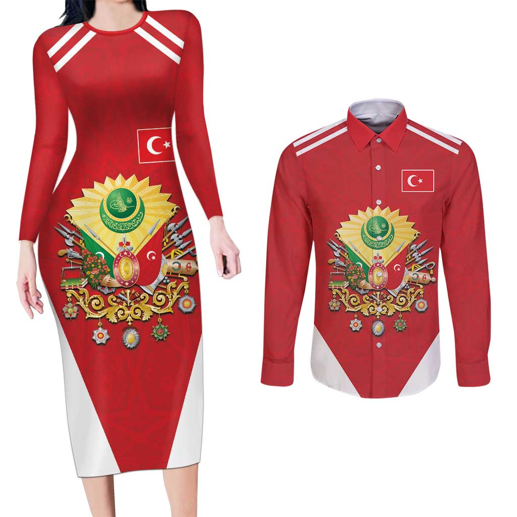 Personalized Ottoman Empire 1299-1922 Couples Matching Long Sleeve Bodycon Dress and Long Sleeve Button Shirt Flag Color Inspiration - Wonder Print Shop
