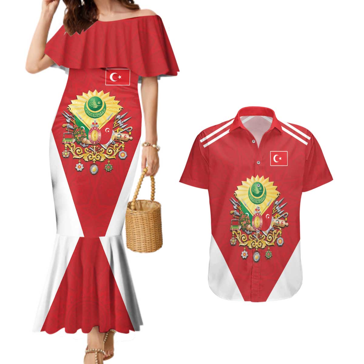 Personalized Ottoman Empire 1299-1922 Couples Matching Mermaid Dress and Hawaiian Shirt Flag Color Inspiration - Wonder Print Shop