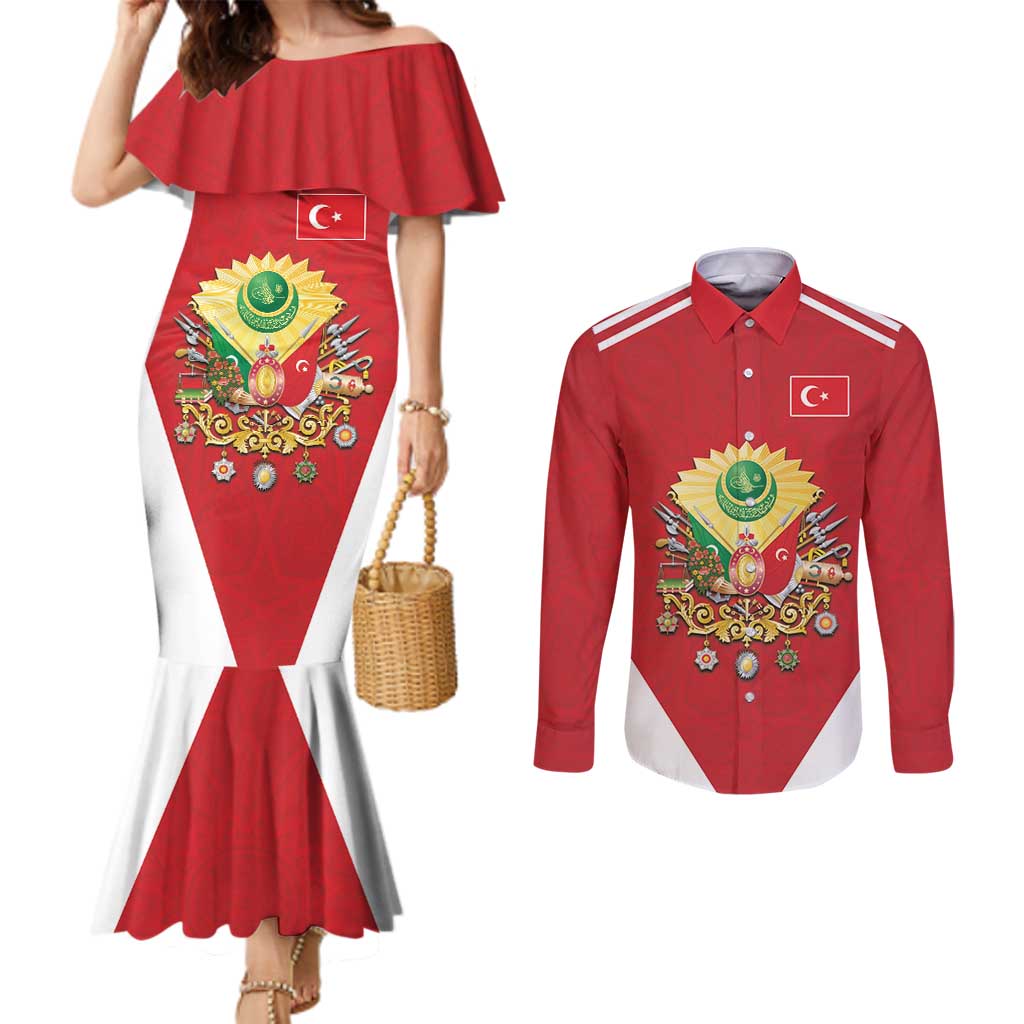 Personalized Ottoman Empire 1299-1922 Couples Matching Mermaid Dress and Long Sleeve Button Shirt Flag Color Inspiration - Wonder Print Shop