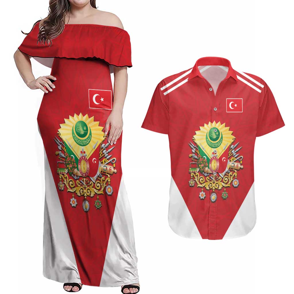 Personalized Ottoman Empire 1299-1922 Couples Matching Off Shoulder Maxi Dress and Hawaiian Shirt Flag Color Inspiration - Wonder Print Shop