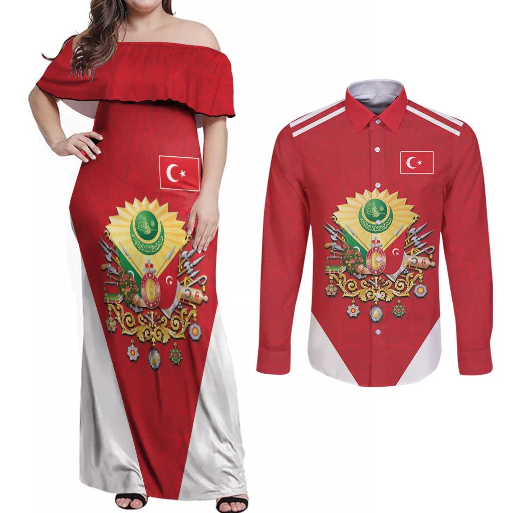 Personalized Ottoman Empire 1299-1922 Couples Matching Off Shoulder Maxi Dress and Long Sleeve Button Shirt Flag Color Inspiration - Wonder Print Shop