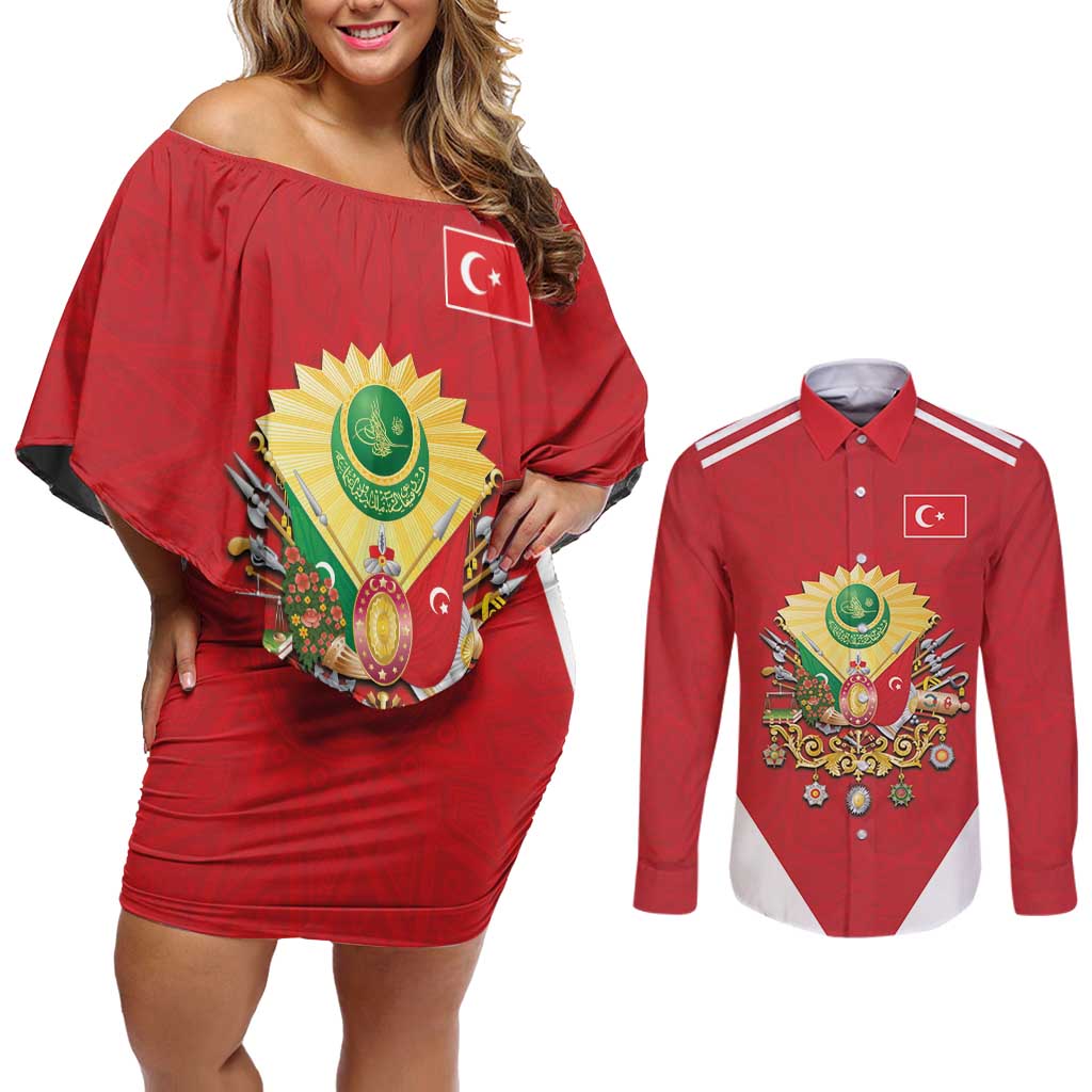 Personalized Ottoman Empire 1299-1922 Couples Matching Off Shoulder Short Dress and Long Sleeve Button Shirt Flag Color Inspiration - Wonder Print Shop