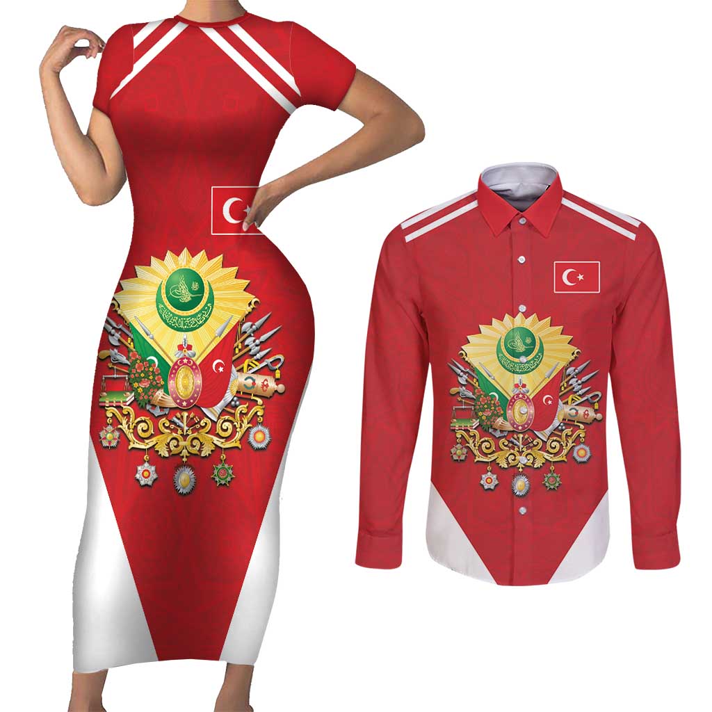 Personalized Ottoman Empire 1299-1922 Couples Matching Short Sleeve Bodycon Dress and Long Sleeve Button Shirt Flag Color Inspiration - Wonder Print Shop