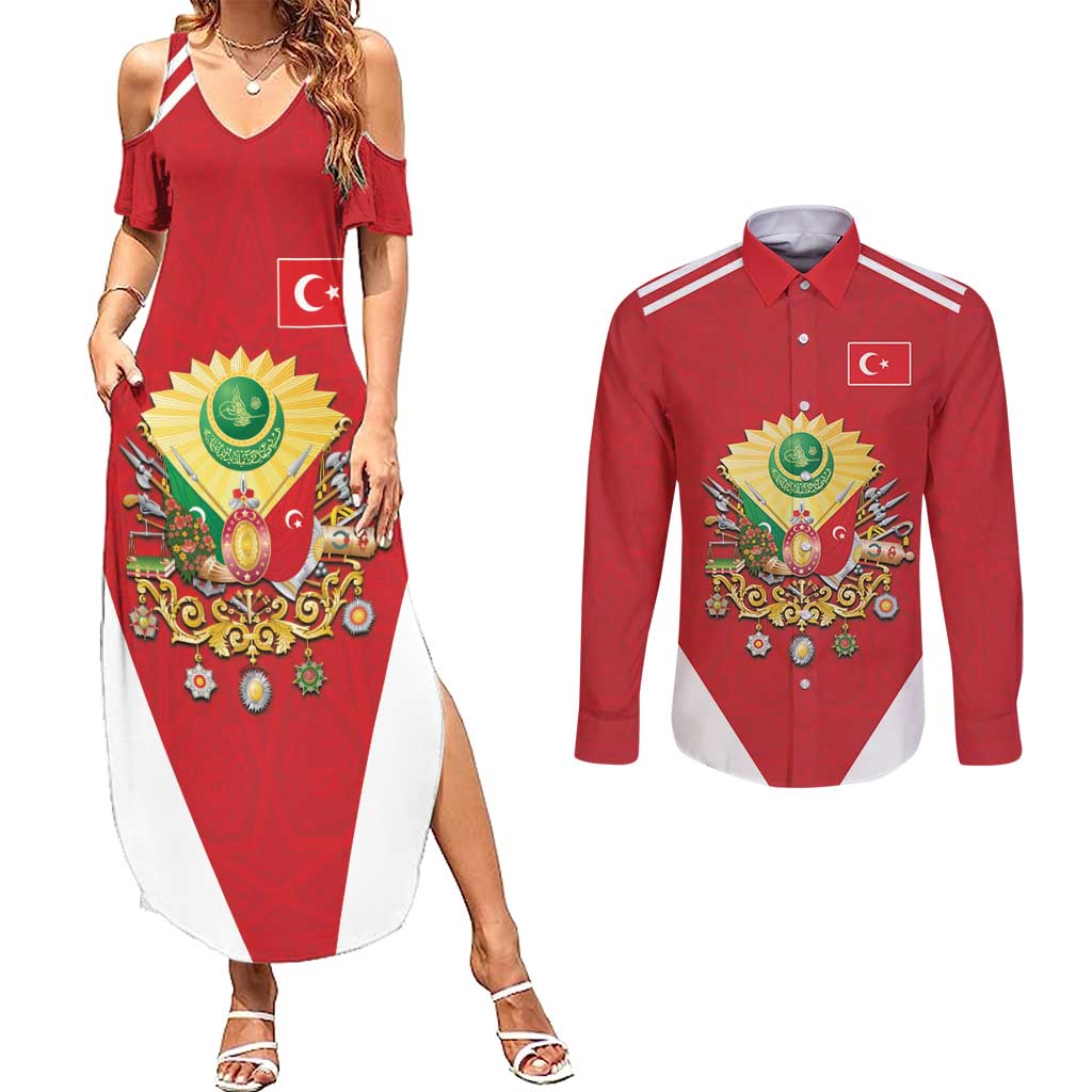 Personalized Ottoman Empire 1299-1922 Couples Matching Summer Maxi Dress and Long Sleeve Button Shirt Flag Color Inspiration - Wonder Print Shop