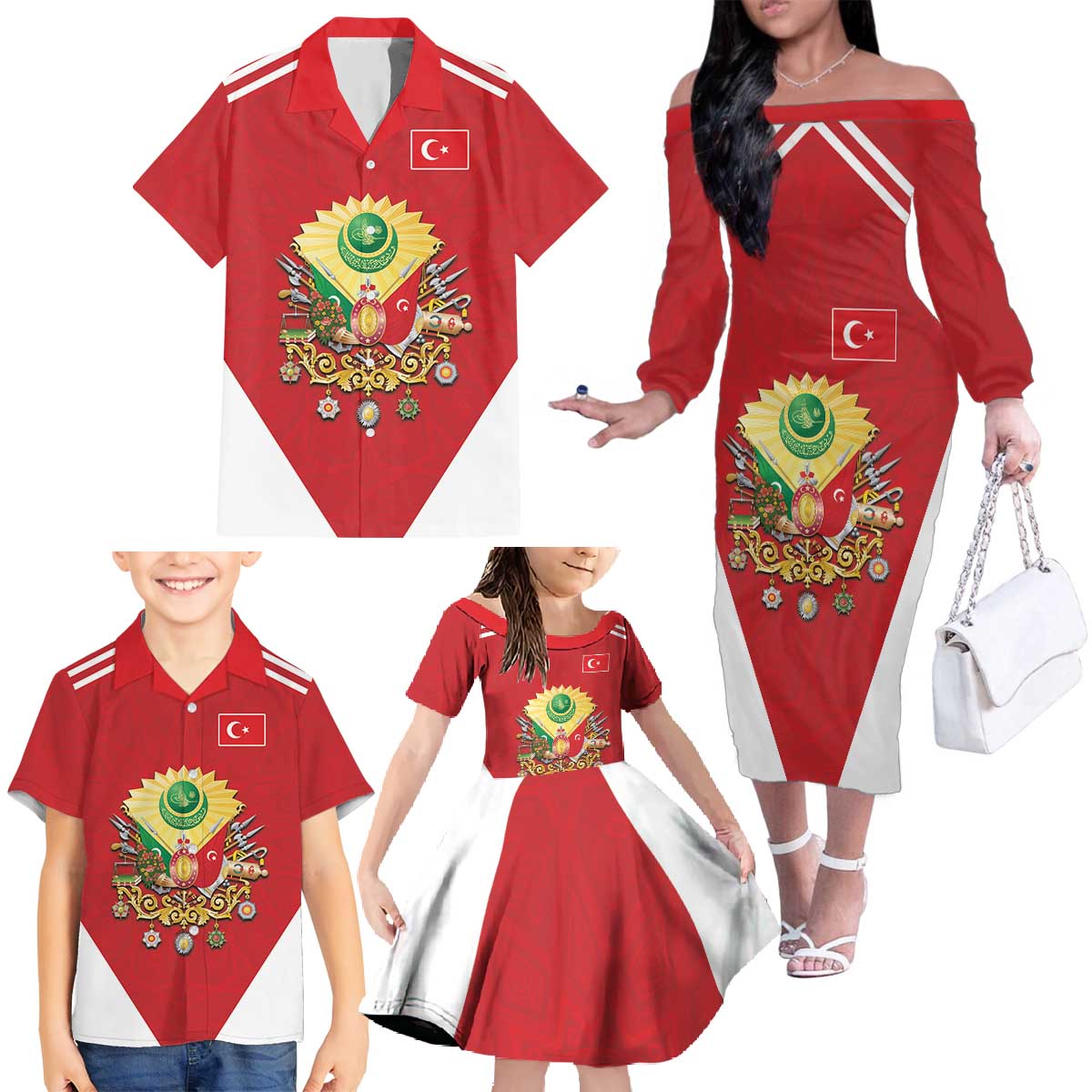 Personalized Ottoman Empire 1299-1922 Family Matching Off The Shoulder Long Sleeve Dress and Hawaiian Shirt Flag Color Inspiration - Wonder Print Shop