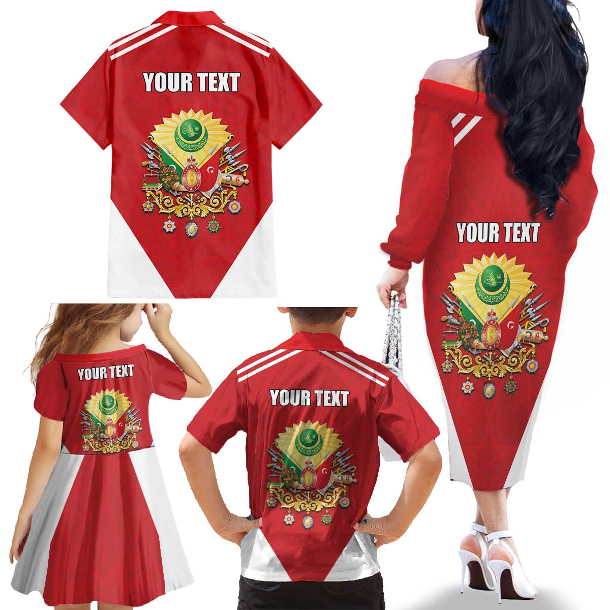 Personalized Ottoman Empire 1299-1922 Family Matching Off The Shoulder Long Sleeve Dress and Hawaiian Shirt Flag Color Inspiration - Wonder Print Shop