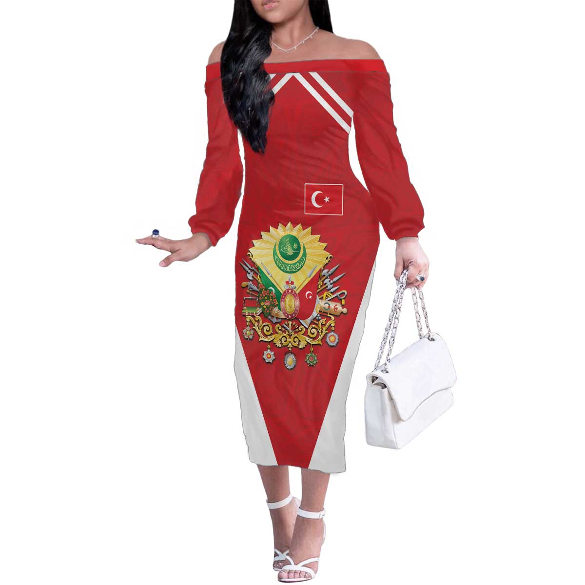 Personalized Ottoman Empire 1299-1922 Family Matching Off The Shoulder Long Sleeve Dress and Hawaiian Shirt Flag Color Inspiration - Wonder Print Shop