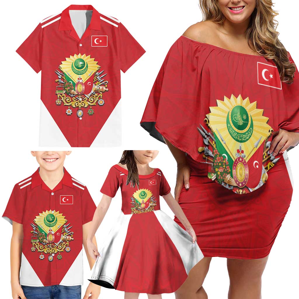 Personalized Ottoman Empire 1299-1922 Family Matching Off Shoulder Short Dress and Hawaiian Shirt Flag Color Inspiration - Wonder Print Shop