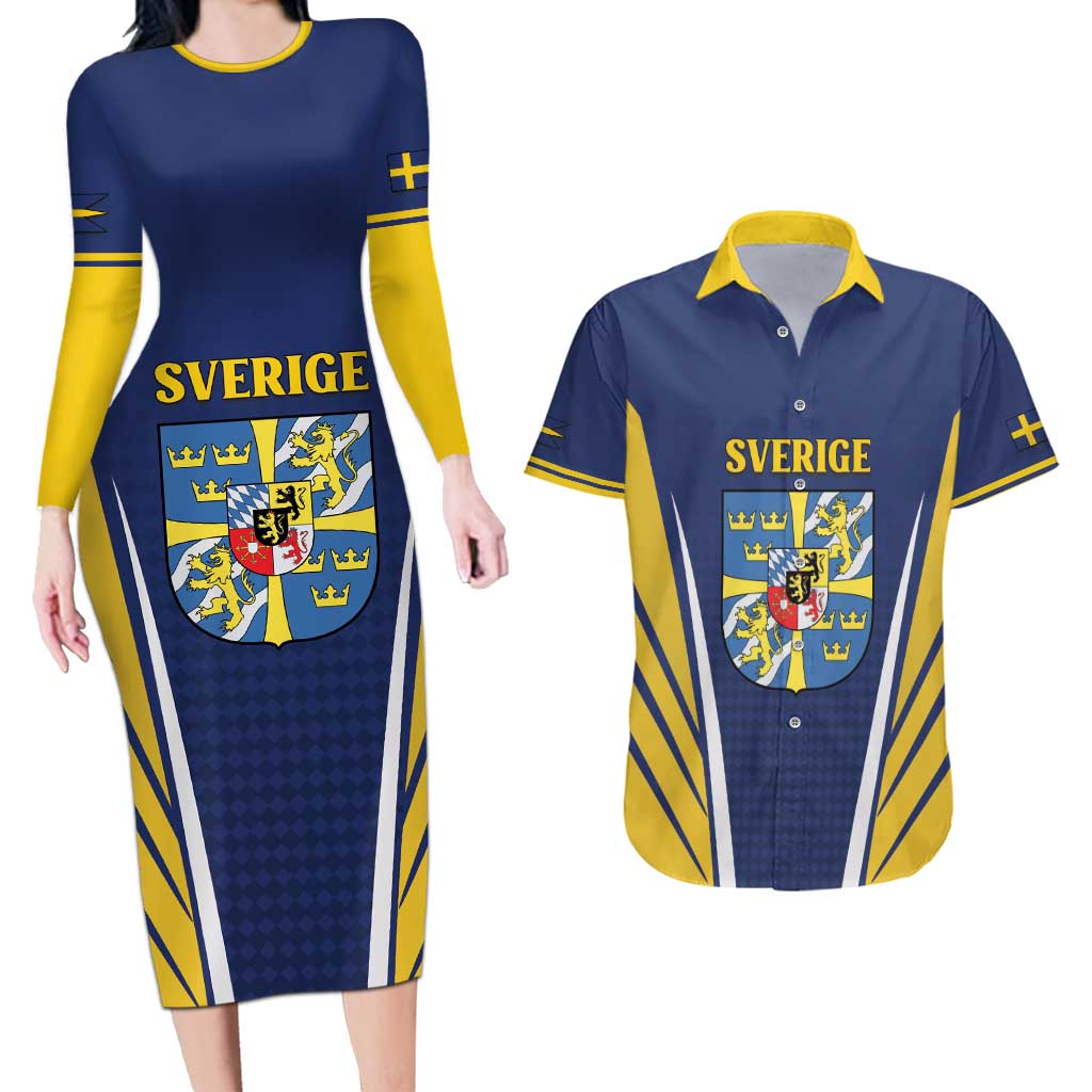 Personalized Swedish Empire 1611-1721 Couples Matching Long Sleeve Bodycon Dress and Hawaiian Shirt Flag Color Inspiration - Wonder Print Shop