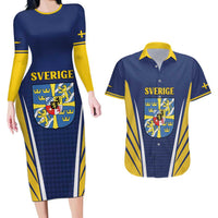 Personalized Swedish Empire 1611-1721 Couples Matching Long Sleeve Bodycon Dress and Hawaiian Shirt Flag Color Inspiration - Wonder Print Shop