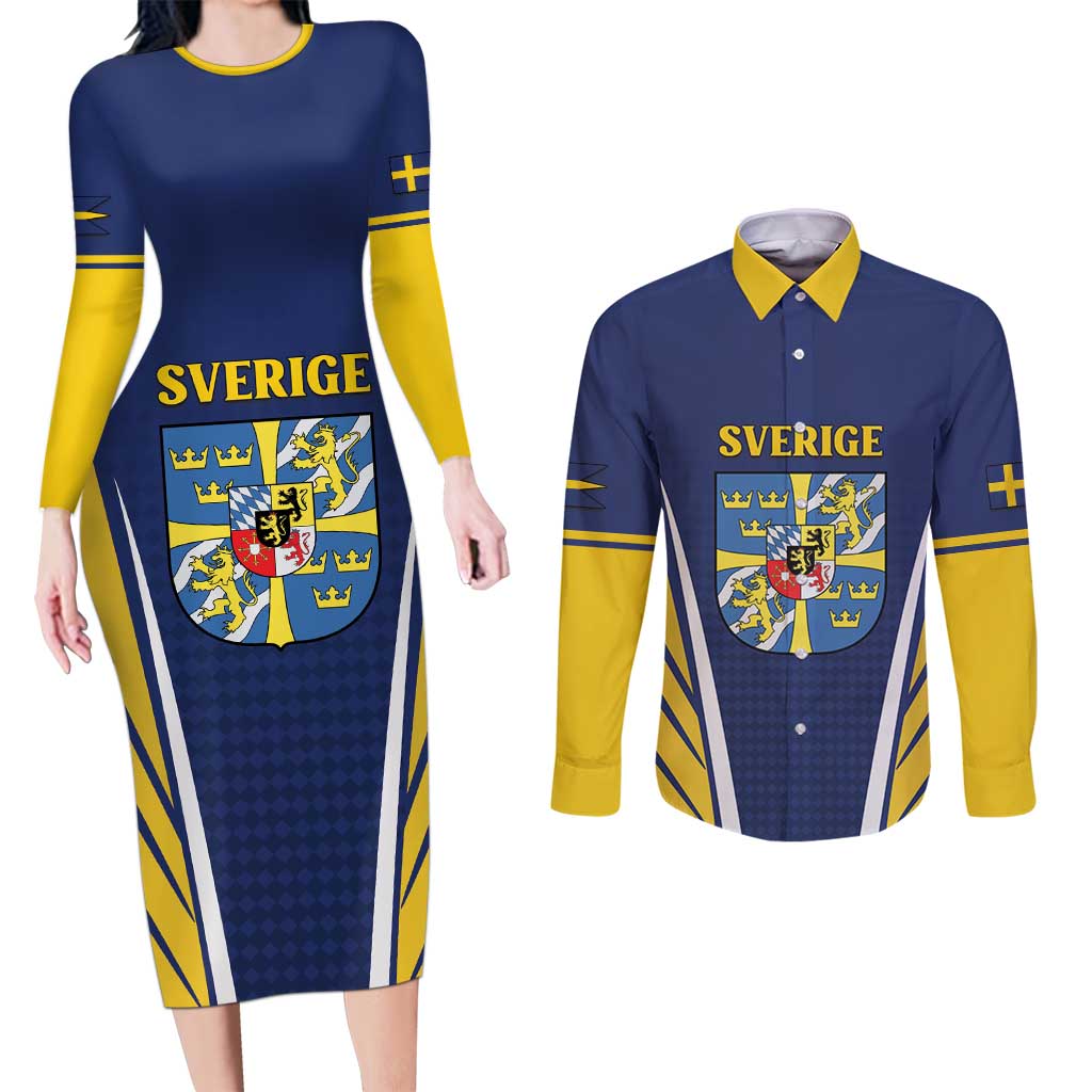 Personalized Swedish Empire 1611-1721 Couples Matching Long Sleeve Bodycon Dress and Long Sleeve Button Shirt Flag Color Inspiration - Wonder Print Shop