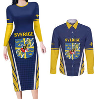 Personalized Swedish Empire 1611-1721 Couples Matching Long Sleeve Bodycon Dress and Long Sleeve Button Shirt Flag Color Inspiration - Wonder Print Shop