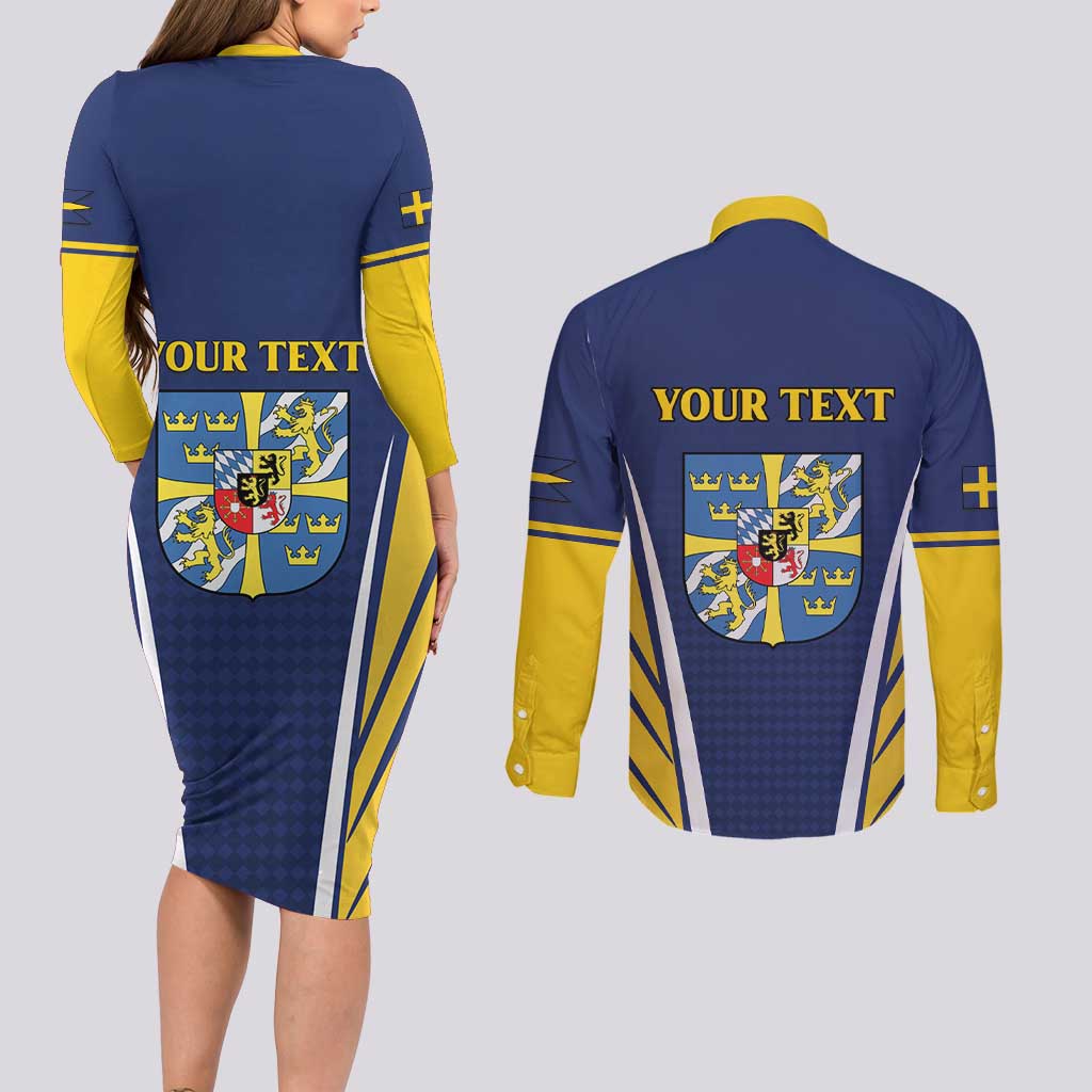 Personalized Swedish Empire 1611-1721 Couples Matching Long Sleeve Bodycon Dress and Long Sleeve Button Shirt Flag Color Inspiration - Wonder Print Shop