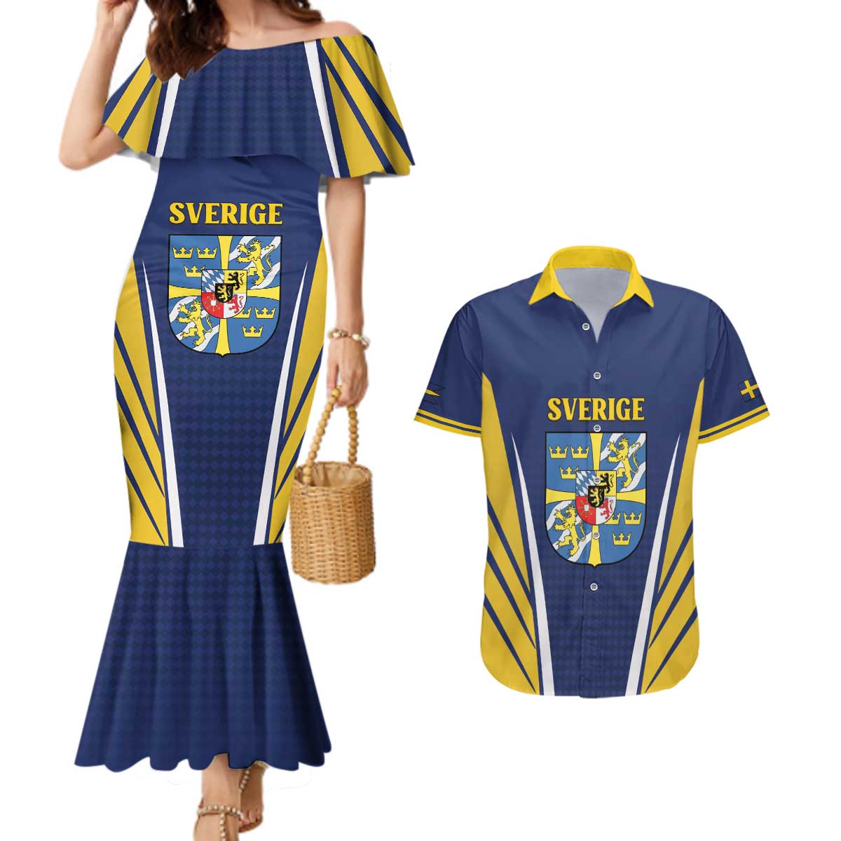Personalized Swedish Empire 1611-1721 Couples Matching Mermaid Dress and Hawaiian Shirt Flag Color Inspiration - Wonder Print Shop