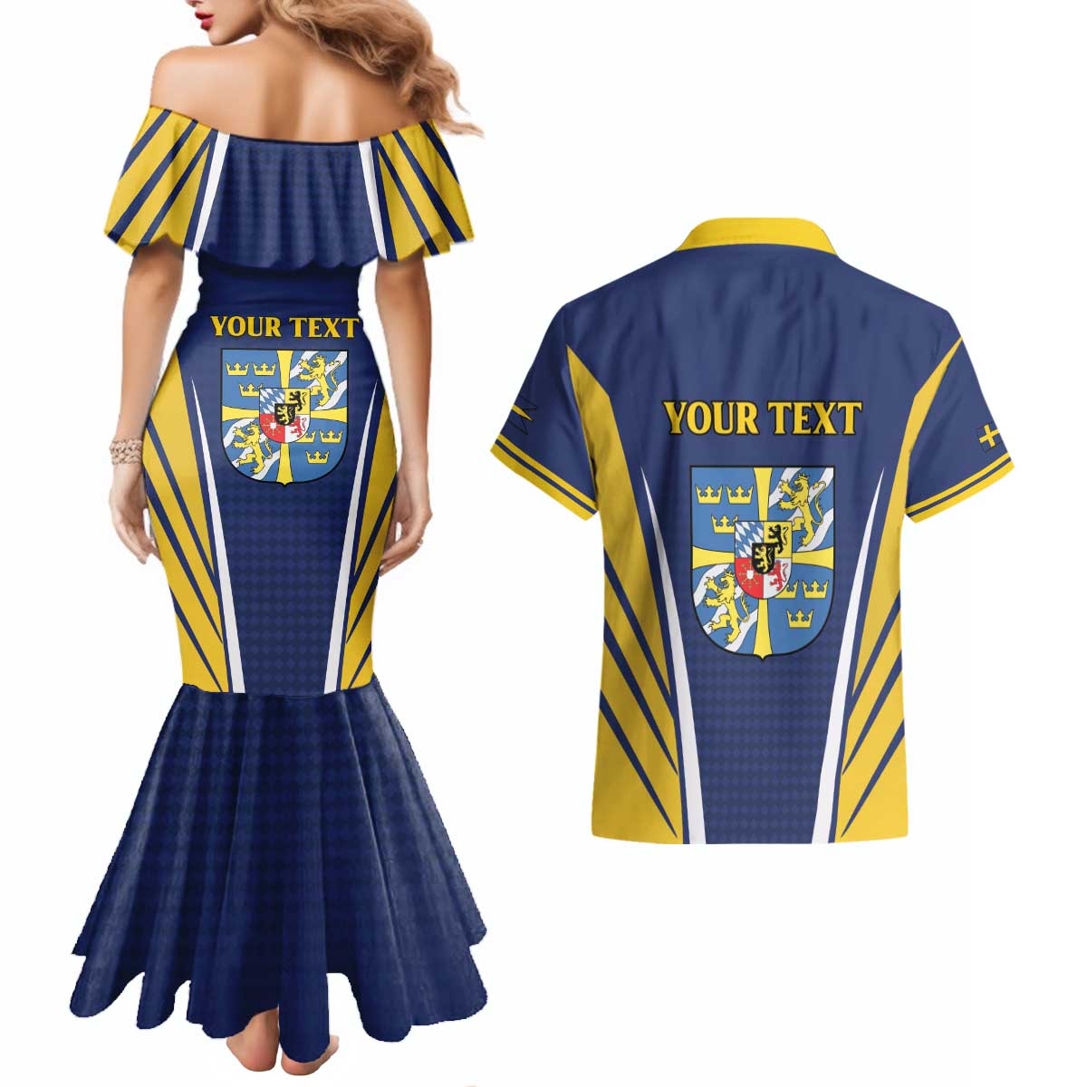 Personalized Swedish Empire 1611-1721 Couples Matching Mermaid Dress and Hawaiian Shirt Flag Color Inspiration - Wonder Print Shop