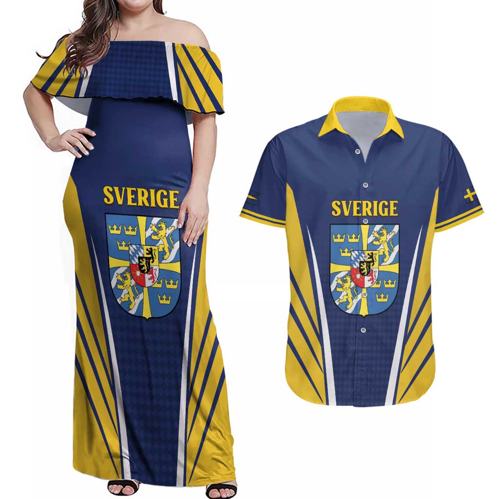 Personalized Swedish Empire 1611-1721 Couples Matching Off Shoulder Maxi Dress and Hawaiian Shirt Flag Color Inspiration - Wonder Print Shop