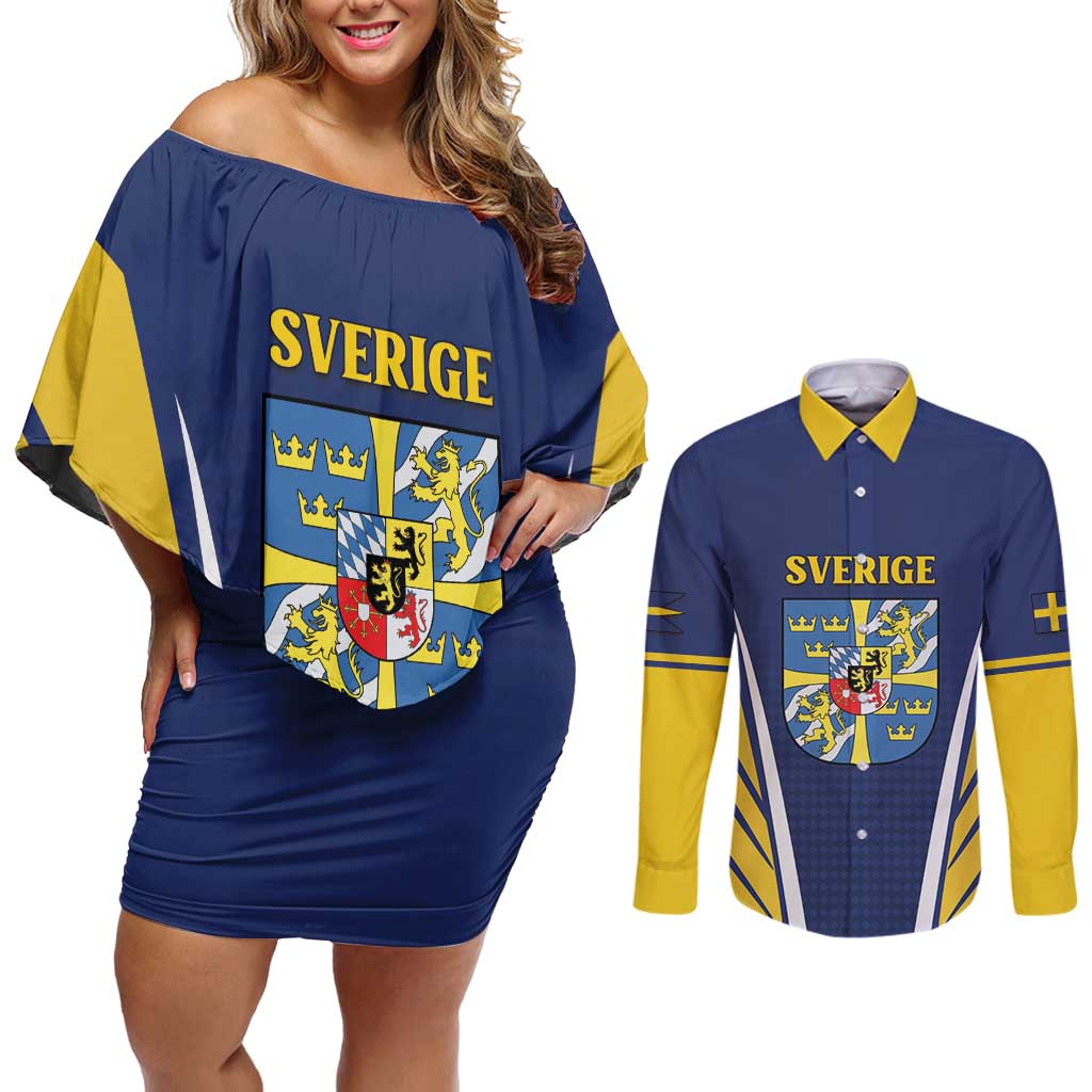 Personalized Swedish Empire 1611-1721 Couples Matching Off Shoulder Short Dress and Long Sleeve Button Shirt Flag Color Inspiration - Wonder Print Shop