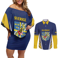 Personalized Swedish Empire 1611-1721 Couples Matching Off Shoulder Short Dress and Long Sleeve Button Shirt Flag Color Inspiration - Wonder Print Shop