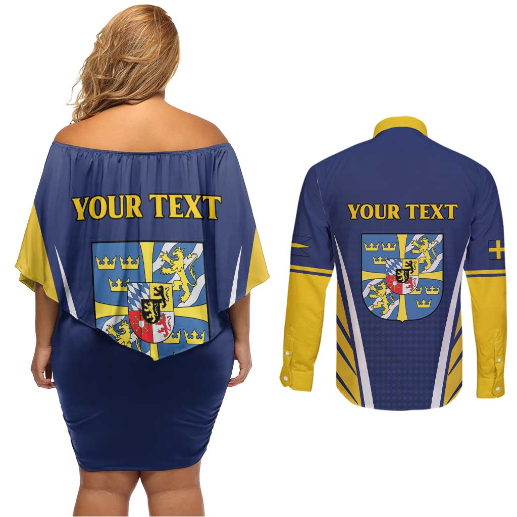 Personalized Swedish Empire 1611-1721 Couples Matching Off Shoulder Short Dress and Long Sleeve Button Shirt Flag Color Inspiration - Wonder Print Shop